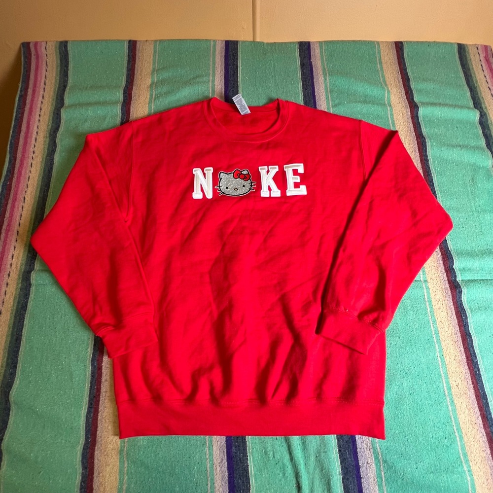 Nike Hello Kitty Sweatshirt Unisex Medium Red Parody Graphic Pullover Crewneck